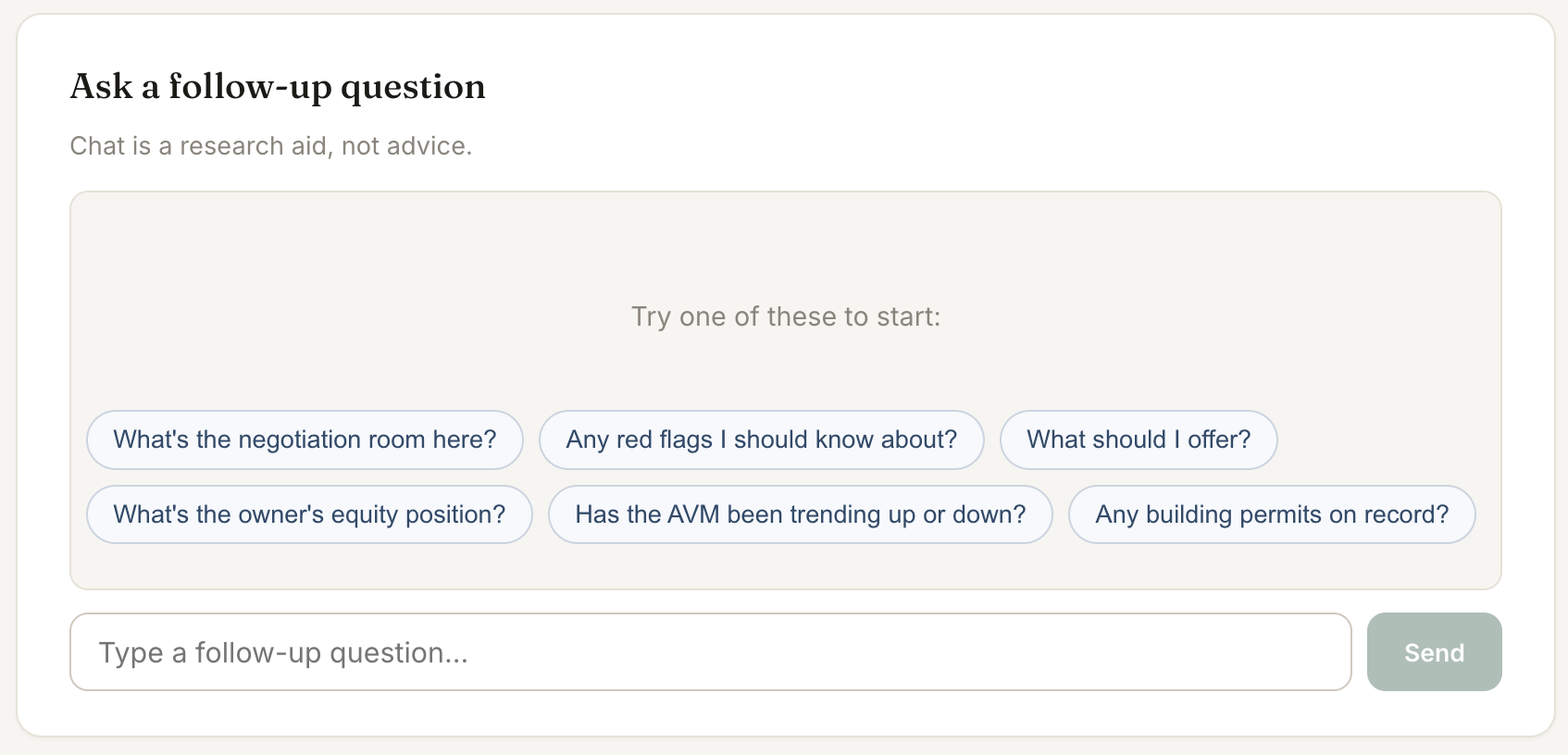 PriceTilt chat with starter questions: 'What's the negotiation room here?', 'What's the owner's equity position?', 'Has the AVM been trending up or down?', 'Any building permits on record?'