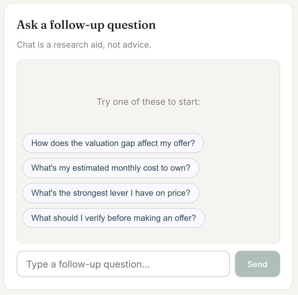 PriceTilt AI chat answering buyer questions about a specific property.